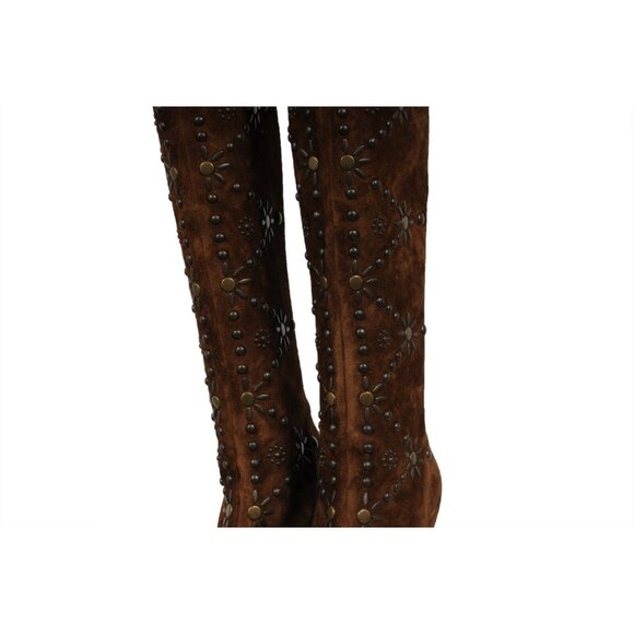 Saint Laurent Womens Ella Studded Knee Boots US 7 EU 37 Brown Suede - Picture 12 of 16